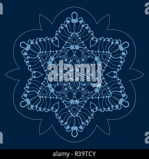 Symmetrical ornamental snowflake on deep blue color background Stock Vector
