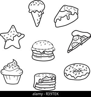 Party junk food lines cute drawing: pizza, cupcake, ice cream, gingerbread, burger, pancakes, donut, cake. Vector isolated. Illustration Stock Vector