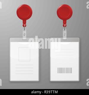 Vector Realistic Blank Office Graphic Id Cards with Round Clasp Reel Holder Clip Closeup Isolated. Front, Back Side. Design Template of Identification Card for Mockup. Identity Card Mock-up. Top View Stock Vector