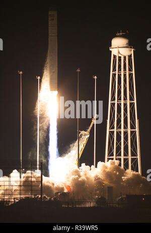 The Northrop Grumman Antares rocket carrying the Cygnus resupply spacecraft launches from Pad-0A at NASA Wallops Flight Facility November 17, 2018 in Wallops Island, Virginia. The commercial cargo resupply mission to the International Space Station will deliver about 7,400 pounds of science and research, crew supplies and hardware to the orbital laboratory and its crew.