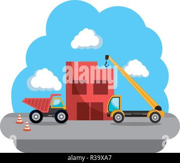 construction dump and crane trucks vehicles vector illustration design Stock Vector
