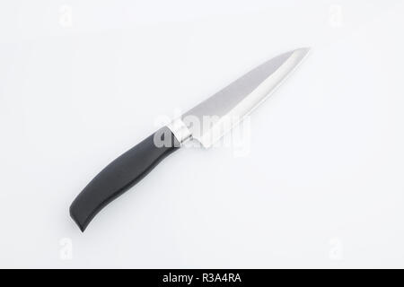 Kitchen: Top View of Kitchen Knife with Stainless Steel Blade on White Background Stock Photo