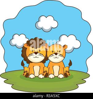 cute lions couple in the camp Stock Vector