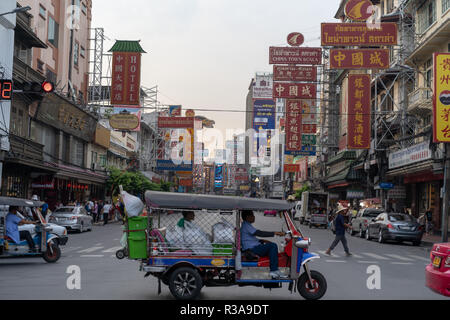 A tricycle seen in Chinatown, Bangkok, Thailand. Daily life in Bangkok capital of Thailand. Stock Photo
