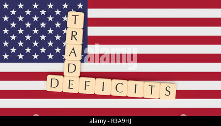 USA Politics News Concept: Letter Tiles Trade Deficits On US Flag, 3d illustration Stock Photo