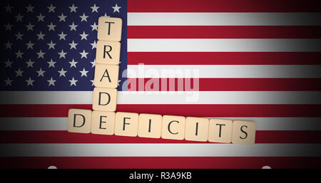 USA Politics News Concept: Letter Tiles Trade Deficits On US Flag, 3d illustration Stock Photo