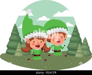 couple of elves moving and christmas trees with falling snow Stock ...