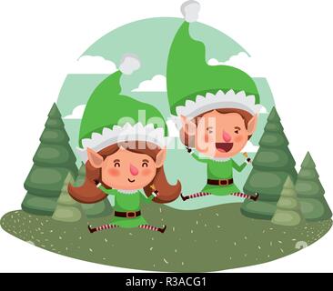 couple of elves moving and christmas trees with falling snow Stock ...