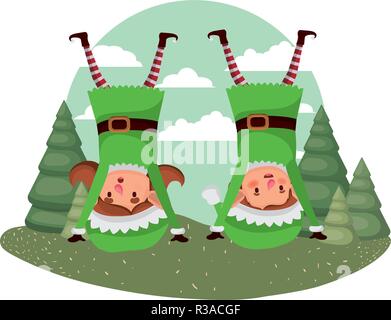 couple of elves moving and christmas trees with falling snow Stock Vector
