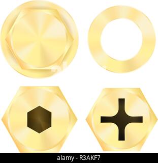 Gold and metal screw, rivet and bolt heads top view. 3d brass and steel  nail, buttons, hexagon and circle shaped nuts with thread vector set Stock  Vector Image & Art - Alamy