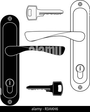 Door handle with key. Outline icons Stock Vector