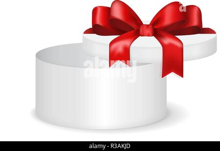 White round gift box with red ribbon bow Stock Vector