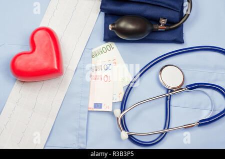 Money in the pocket of a medical uniform, heart, electrocardiogram, stethoscope and sphygmomanometer. Concept of the cost of medical service Stock Photo