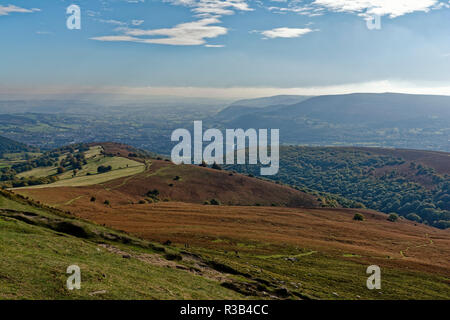 View over Abergavenny from summit of Sugar Loaf with Blorenge (561M) on right  Monmouthshire, Wales Stock Photo