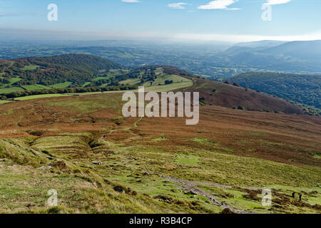 View over Abergavenny from summit ofSugar Loaf with Blorenge (561M) on right  Monmouthshire, Wales Stock Photo