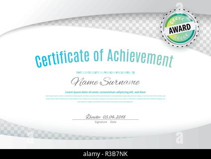 Official white certificate with gray wave design elements, green emblem. Business clean modern design. White vector blank. Stock Vector
