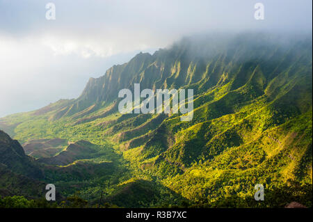 Napali coast with green mountains seen from the Kalalau lookout, Nā Pali Coast State Park, Kauai, Hawaii, USA Stock Photo