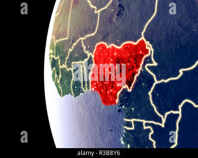 Night view of Nigeria from space with visible city lights. Very detailed plastic planet surface. 3D illustration. Elements of this image furnished by  Stock Photo