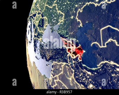 Night view of Caucasus region from space with visible city lights. Very detailed plastic planet surface. 3D illustration. Elements of this image furni Stock Photo