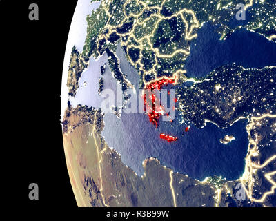 Night view of Greece from space with visible city lights. Very detailed plastic planet surface. 3D illustration. Elements of this image furnished by N Stock Photo