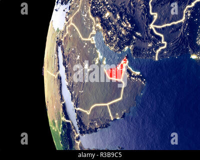 Night view of United Arab Emirates from space with visible city lights. Very detailed plastic planet surface. 3D illustration. Elements of this image  Stock Photo