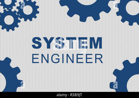 SYSTEM ENGINEER sign concept illustration with blue gear wheel figures on pale gray background Stock Photo