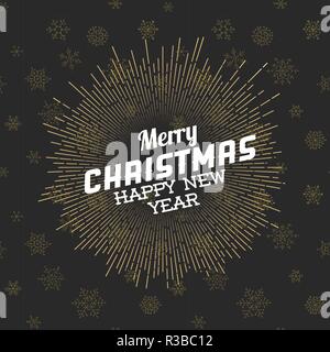 Vector vintage retro christmas label on black background with golden sun rays Stock Vector