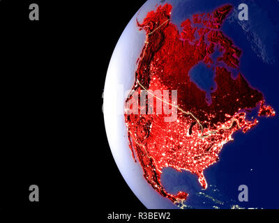 Night view of NAFTA memeber states from space with visible city lights. Very detailed plastic planet surface. 3D illustration. Elements of this image  Stock Photo
