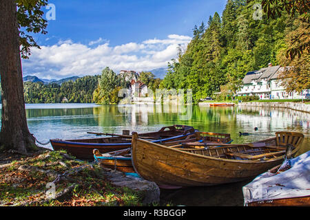 Traditional wooden pletnja rowing boat used to ferry tourists to St. Mary's Church of Assumption on the island beyond Lake Bled, Slovenia Stock Photo