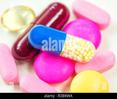 Different colorful pills. Health care concept. Closeup picture Stock Photo