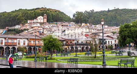 Cusco, Peru - January 6, 2017. View of a side of the Plaza de Armas square in a rainy day Stock Photo