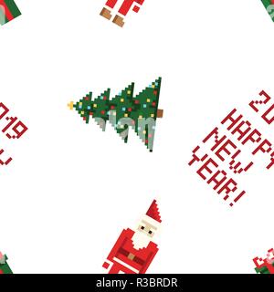 Colorful Pixel Pattern with Christmas Elements. Atcade games style Stock Vector