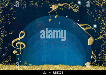 Musical invitation background. Musical notes and star of Nativity Scene in gold glitter and stars with space for text on blue background Stock Photo