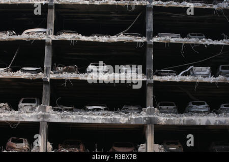 Burnt out cars prior to being removed from their parking spaces as work began on Wednesday to demolish the multi-storey Liverpool Waterfront Car Park near to the Echo Arena which was destroyed by fire on New Year's Eve 2017. Stock Photo