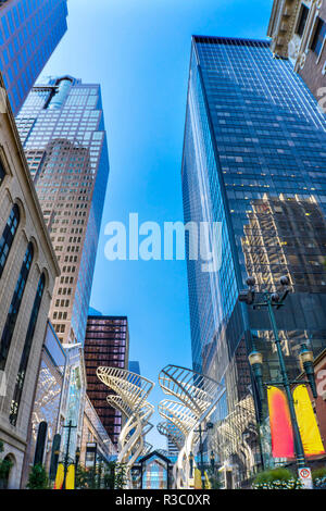 Steel Galleria Trees, Downtown Calgary, Alberta, Canada. Galleria trees installed in 2000 to reduce wind Stock Photo