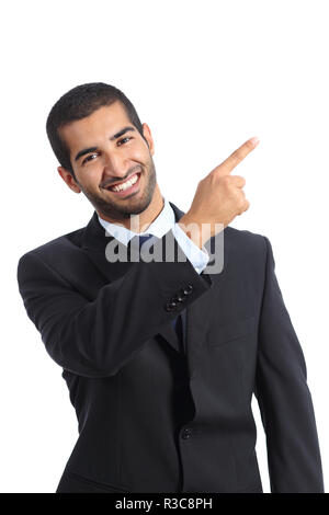 Arab business man presenter presenting and pointing at side Stock Photo