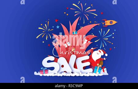 Christmas advertising design. Santa Claus with gift box and fireworks over big letters SALE on blue background. Vector paper cut art illustration for promotion banners, headers, posters, stickers Stock Vector