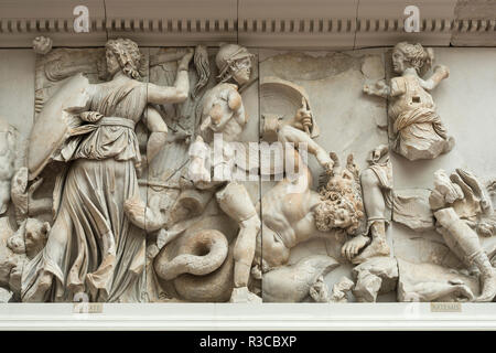 Berlin. Germany. Pergamon Museum. Pergamon Altar. Gigantomachy frieze, East panel, l-r; Hecate, Otos, Aigaion and Artemis.  The Pergamon Altar aka Gre Stock Photo