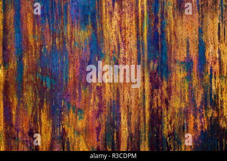 Peeling colorful paint on wood grunge background texture pattern. Stock Photo