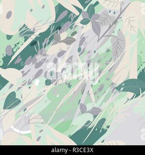 Military camouflage texture with trees, branches, grass and watercolor stains Stock Vector