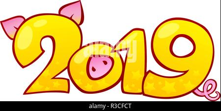 2019 Happy New Year background. Yellow Earthy Pig is a Symbol of the New 2019 Year. Stock Vector
