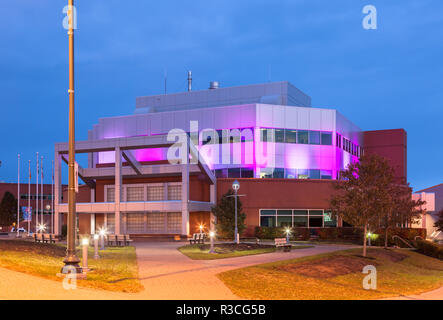 Dieppe City Hall (Hotel de Ville de Dieppe) at dusk in downtown Dieppe, Westmorland County, New Brunswick, Canada. Stock Photo