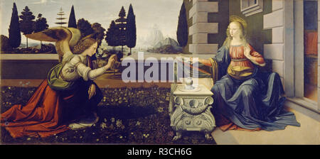 The Annunciation. Date/Period: Ca. 1472. Painting. Oil on panel. Height: 98 cm (38.5 in); Width: 217 cm (85.4 in). Author: LEONARDO DA VINCI. Stock Photo