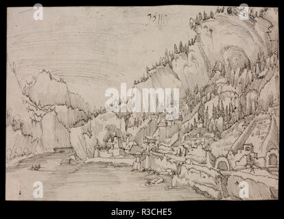 View of Sarmingstein on the Danube. Date/Period: 1511. Drawing. Pen and black ink. Height: 147 mm (5.78 in); Width: 207 mm (8.14 in). Author: Albrecht Altdorfer. ALTDORFER, ALBRECHT. Stock Photo