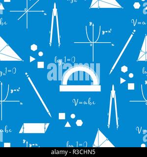 Mathematical scientific vector seamless pattern with geometry plots, tools and formulas. Education elements. Compasses, protractor, pencil, graphics,  Stock Vector
