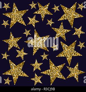 Gold stars. Dark blue background. Vector illustration. The texture of glitter. Stock Vector