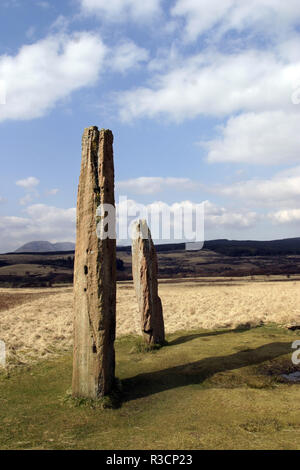 Two of the six standing stones at the archaeological site, Machrie Moor, on the island of Arran in the Firth of Clyde, Scotland. Stock Photo