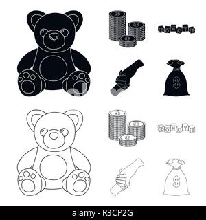 A pile of coins for donations, colored cubes with an inscription, a handshake, a bag of money for donations. Charity and donation set collection icons Stock Vector