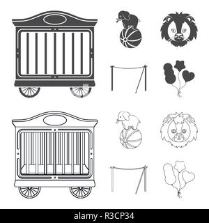 Elephant on the ball, circus lion, crossbeam, balls.Circus set collection icons in black,outline style vector symbol stock illustration . Stock Vector