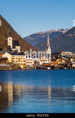 Upper Austria, Salzkamergut, Hallstatt, town view, dawn Stock Photo